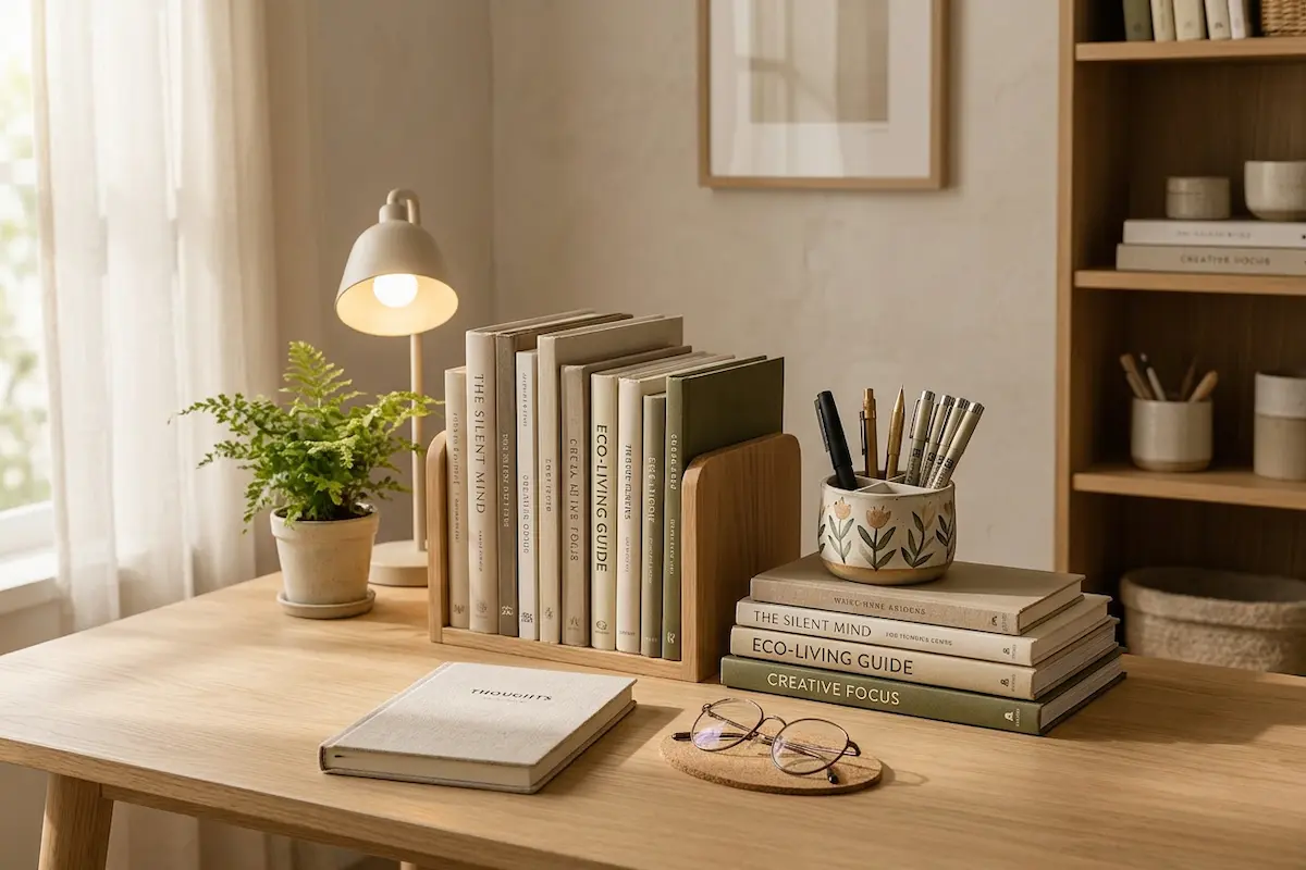 A neatly organised desk with books, pen stand, plant and study lamp