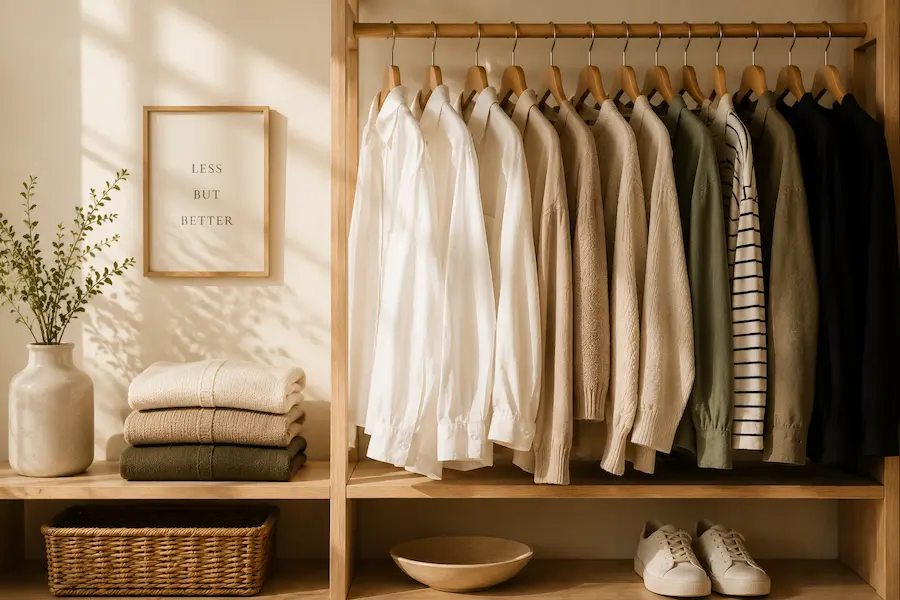 A minimal capsule wardrobe with neutral toned clothing neatly arranged