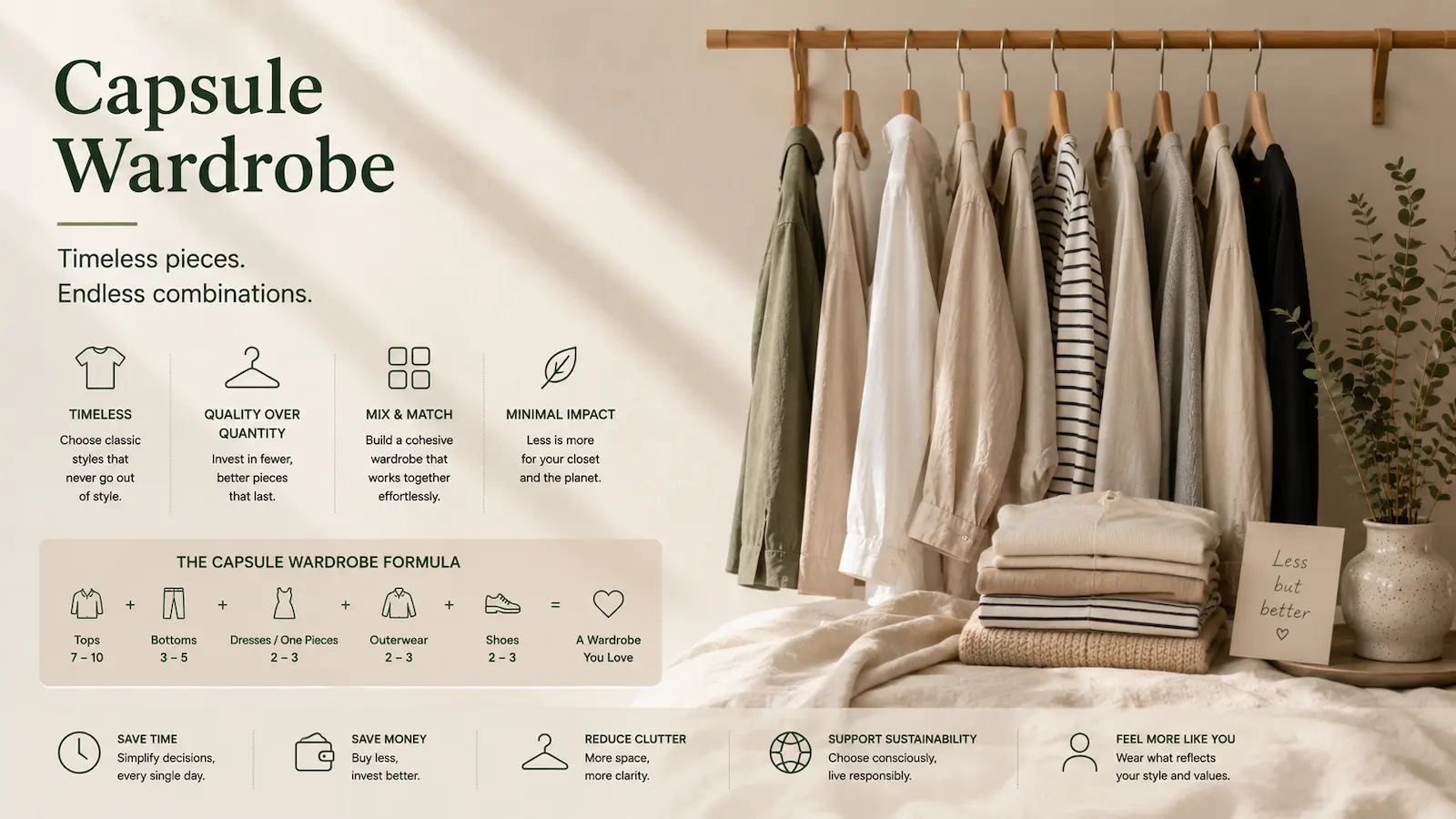 A minimal capsule wardrobe with neutral toned clothing neatly arranged