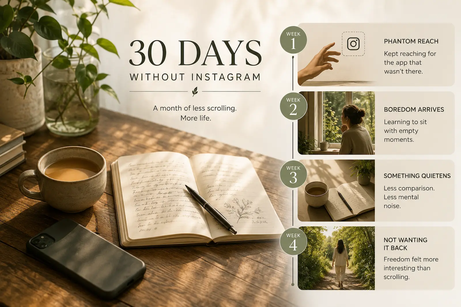 30-day Instagram detox infographic showing weekly changes from social media withdrawal to greater presence and freedom.
