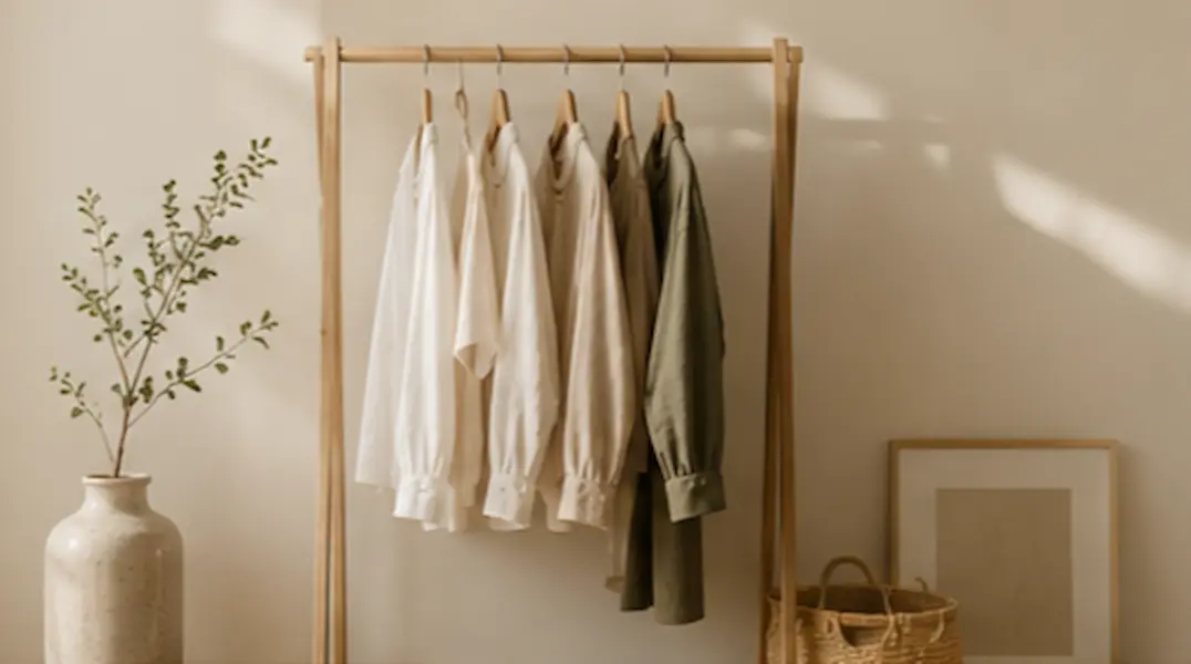 A minimal wardrobe with clothes on a rack promoting mindful shopping