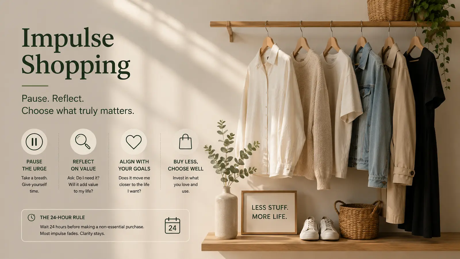 A minimal wardrobe with clothes on a rack and a less stuff more life sign