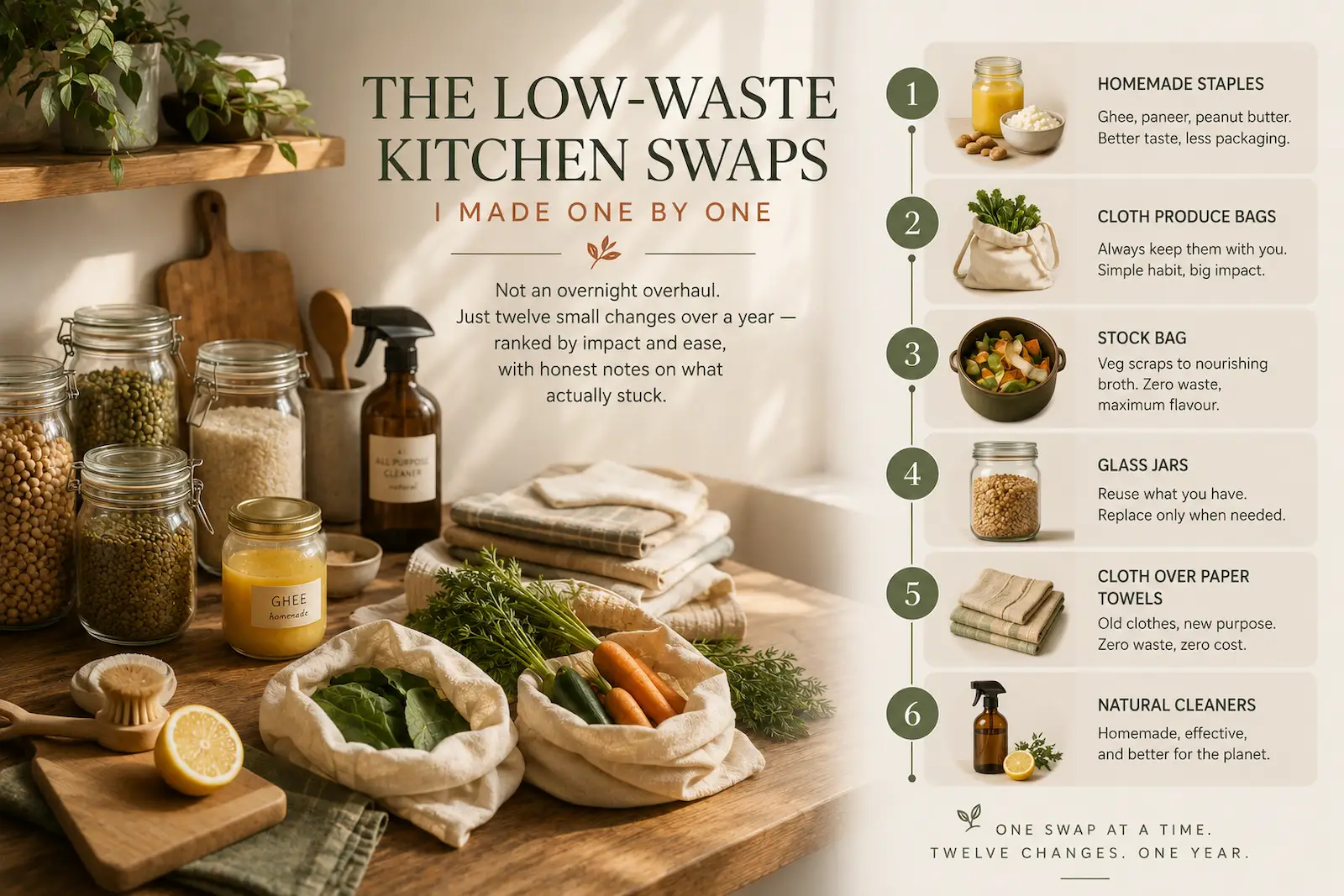 Editorial infographic showing a low-waste kitchen with reusable cloth produce bags, homemade ghee, glass storage jars, natural cleaners, and sustainable kitchen swaps that reduce household waste through simple everyday changes.