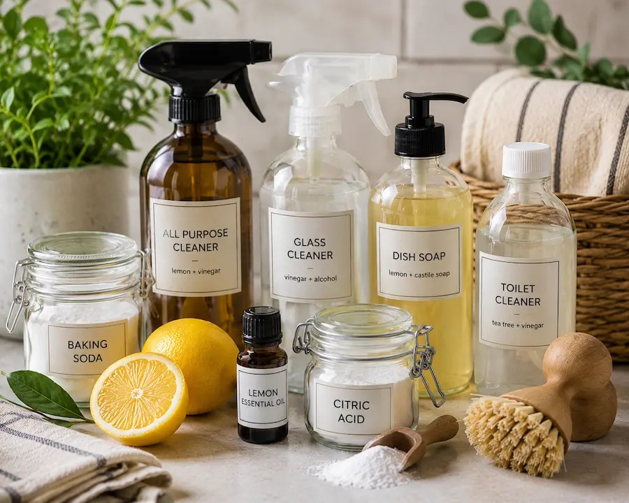 Natural home cleaning products in glass jars