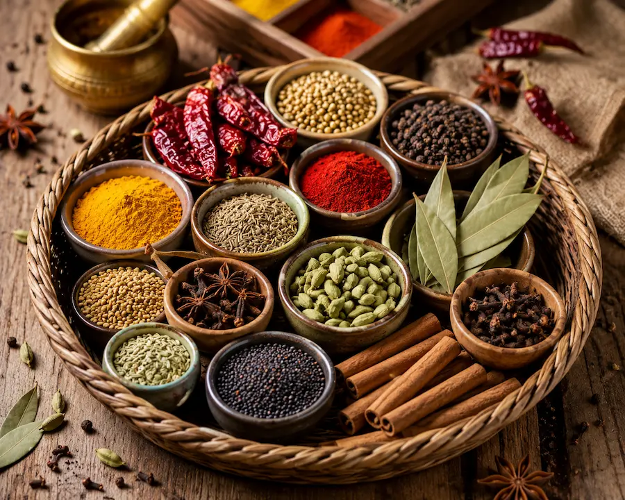 Homemade spices and masalas in bowls and baskets