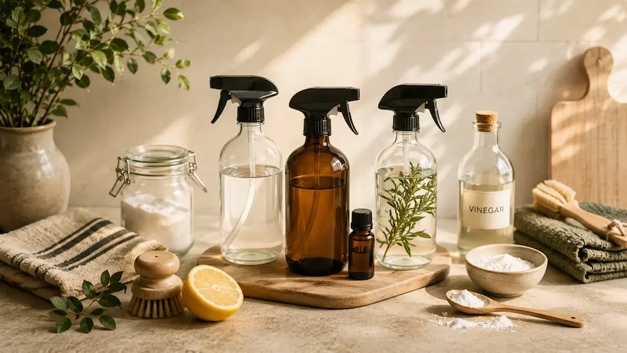 Glass spray bottles with natural cleaning ingredients on a kitchen counter