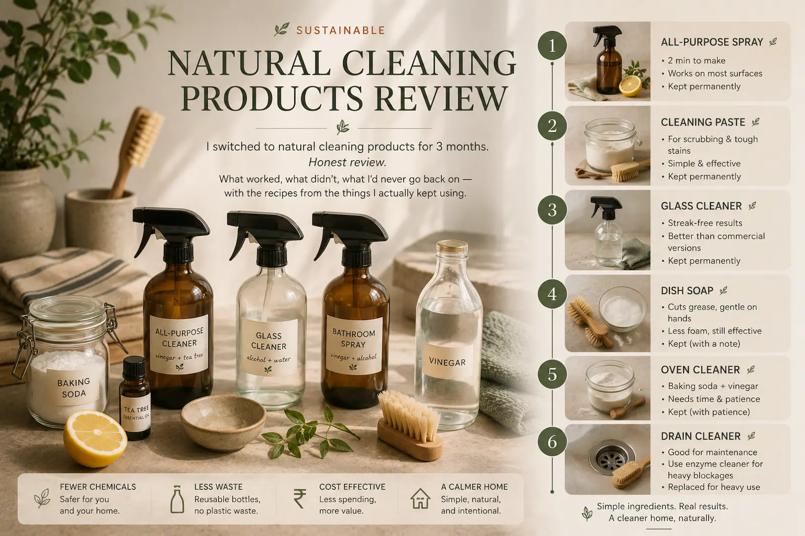 Editorial infographic about switching to natural cleaning products for three months, featuring reusable glass spray bottles, vinegar, baking soda, tea tree oil, lemon, and homemade cleaning solutions alongside a review of six products including all-purpose spray, cleaning paste, glass cleaner, dish soap, oven cleaner, and drain cleaner.