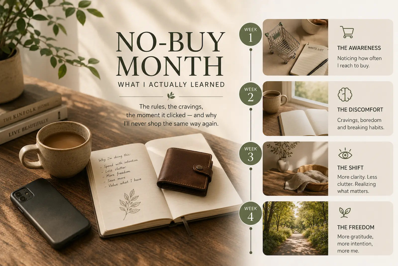 No-buy month infographic showing the journey from spending awareness and cravings to intentional purchasing and financial freedom.