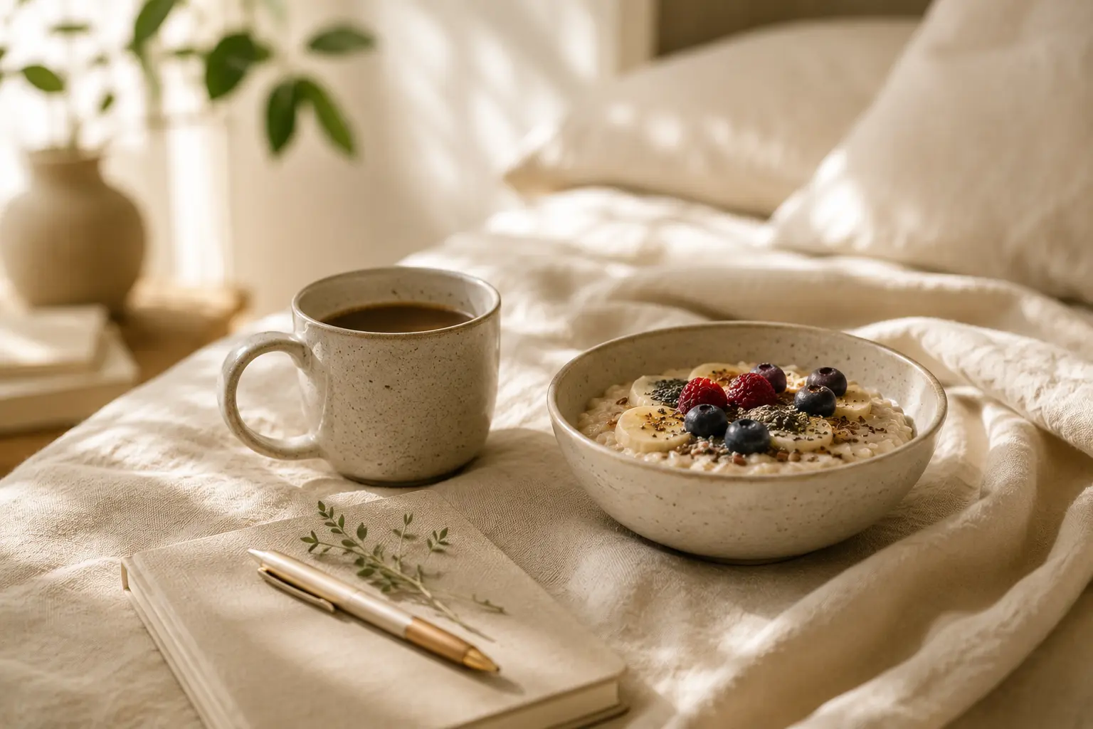 A slow morning setup with coffee bowl and journal on a bed