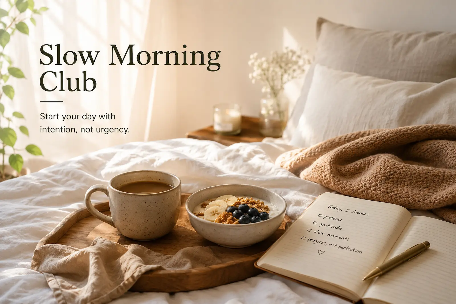 A slow morning setup with coffee, granola bowl and a journal on a bed