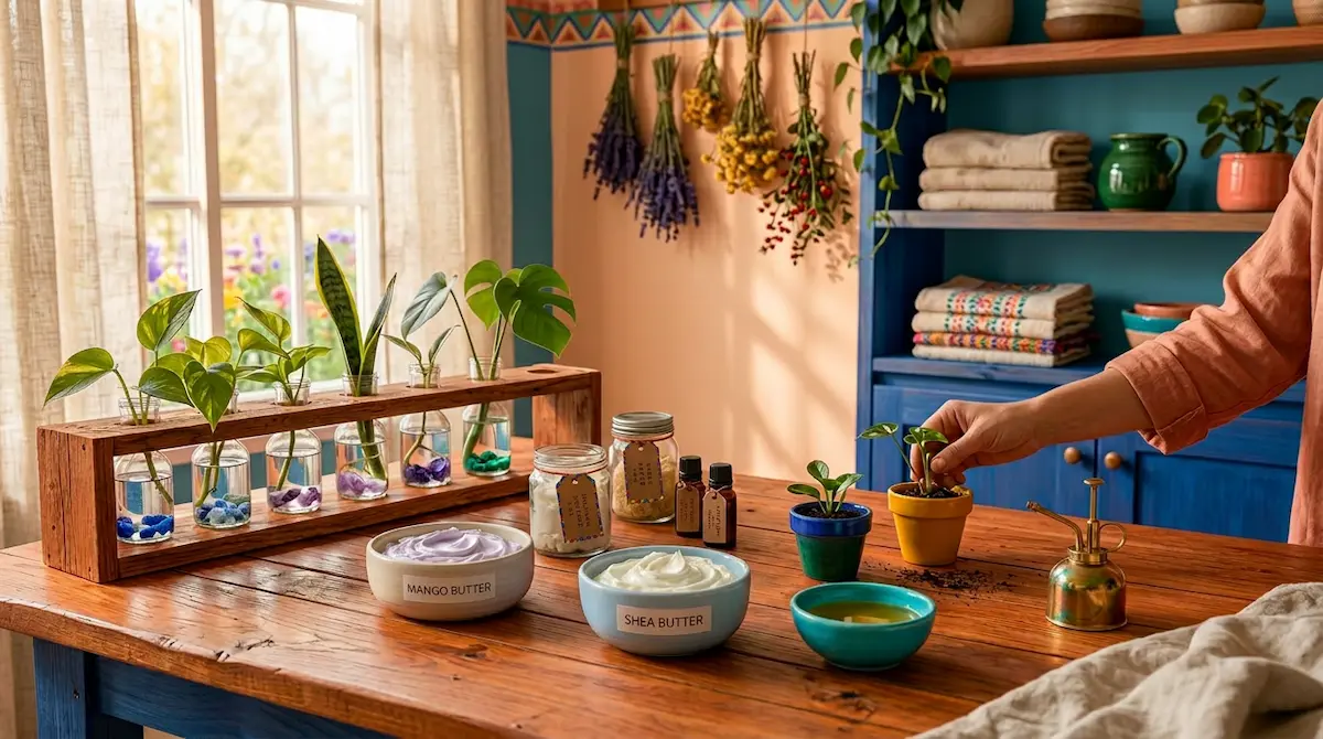 A wholesome home setup with plants, natural butters and DIY essentials