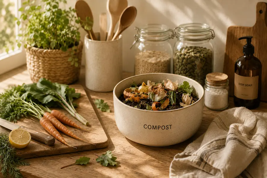 Zero waste kitchen setup with compost bin and fresh herbs