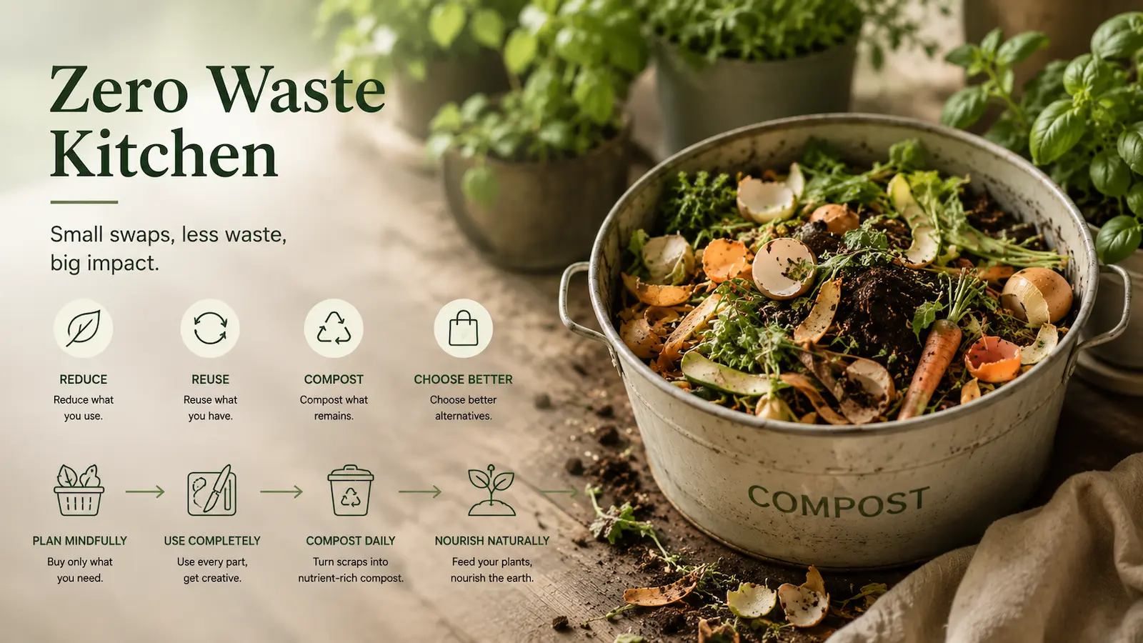 Zero waste kitchen setup with compost bin, fresh herbs and vegetable scraps